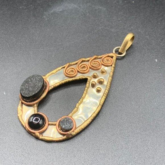 Brutalist Pendant Drop Shaped Mix Metal and Stones Large Handcrafted 70s Pendant - Picture 2 of 5